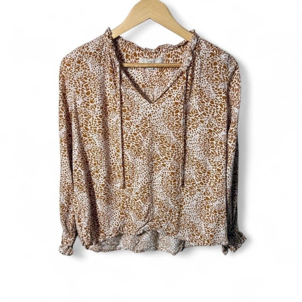 LOFT Petites SP Brown White Floral Print Blouse Long Sleeve Ruffle Hem Boho Top